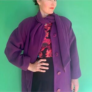 Vintage Christian Dior wool blend purple maxi coat with attached scarf unique